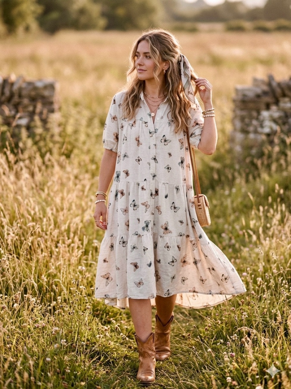 Jane + Delancey Butterfly Print Tiered Midi Dress XL Cottagecore Boho NWT